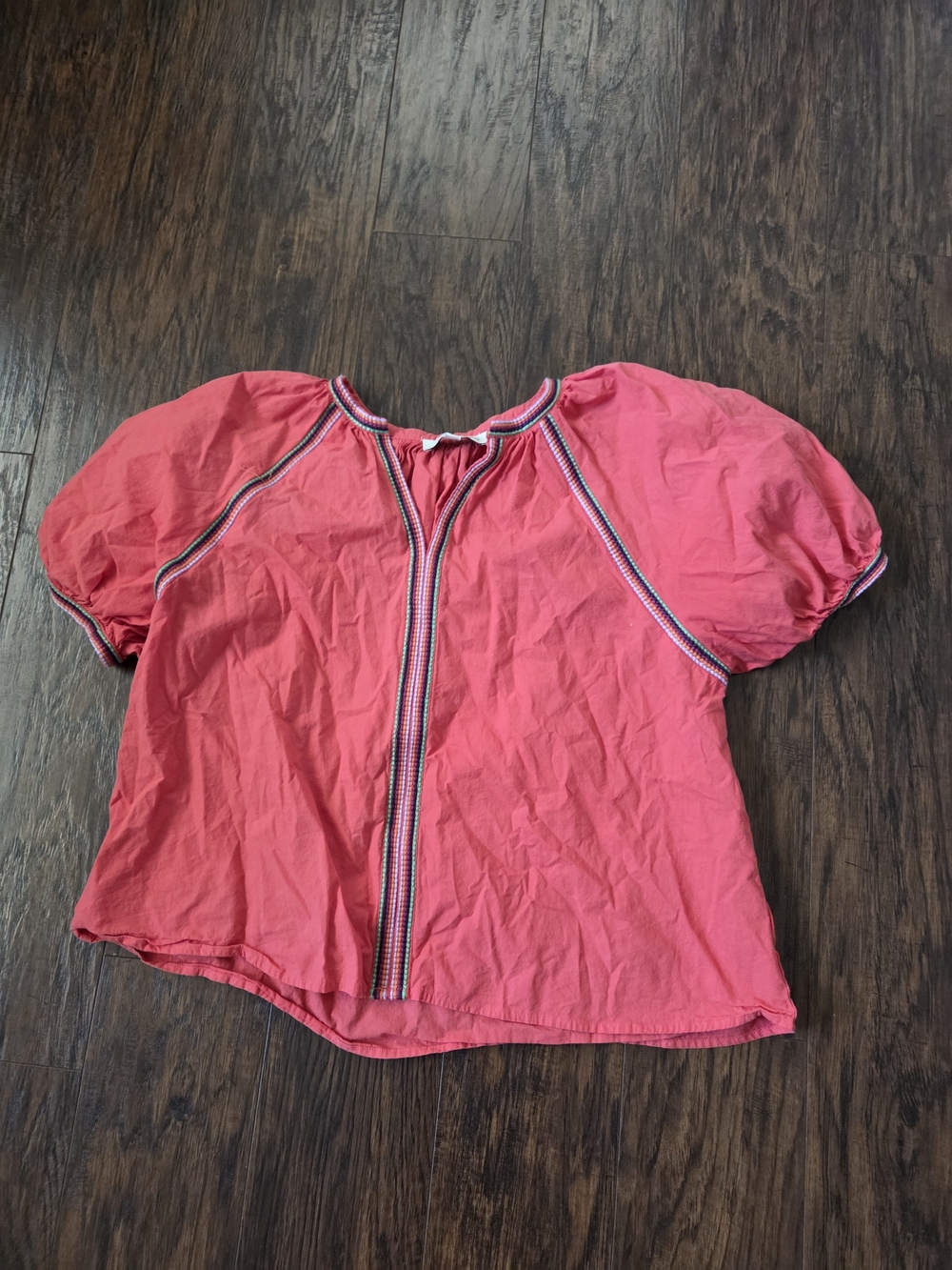 Pinch Coral Puff-Sleeve Peasant Blouse